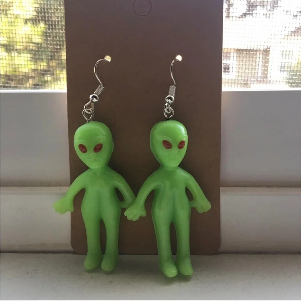 Green Alien Figure Dangle Earrings